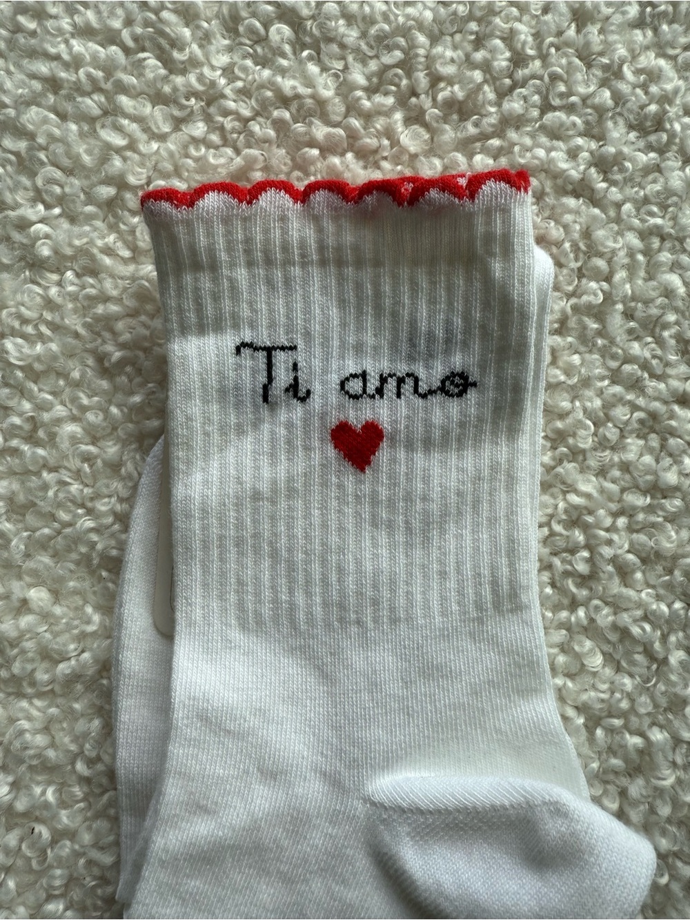 White 'Ti amo' Crew Socks with Red Heart Accent